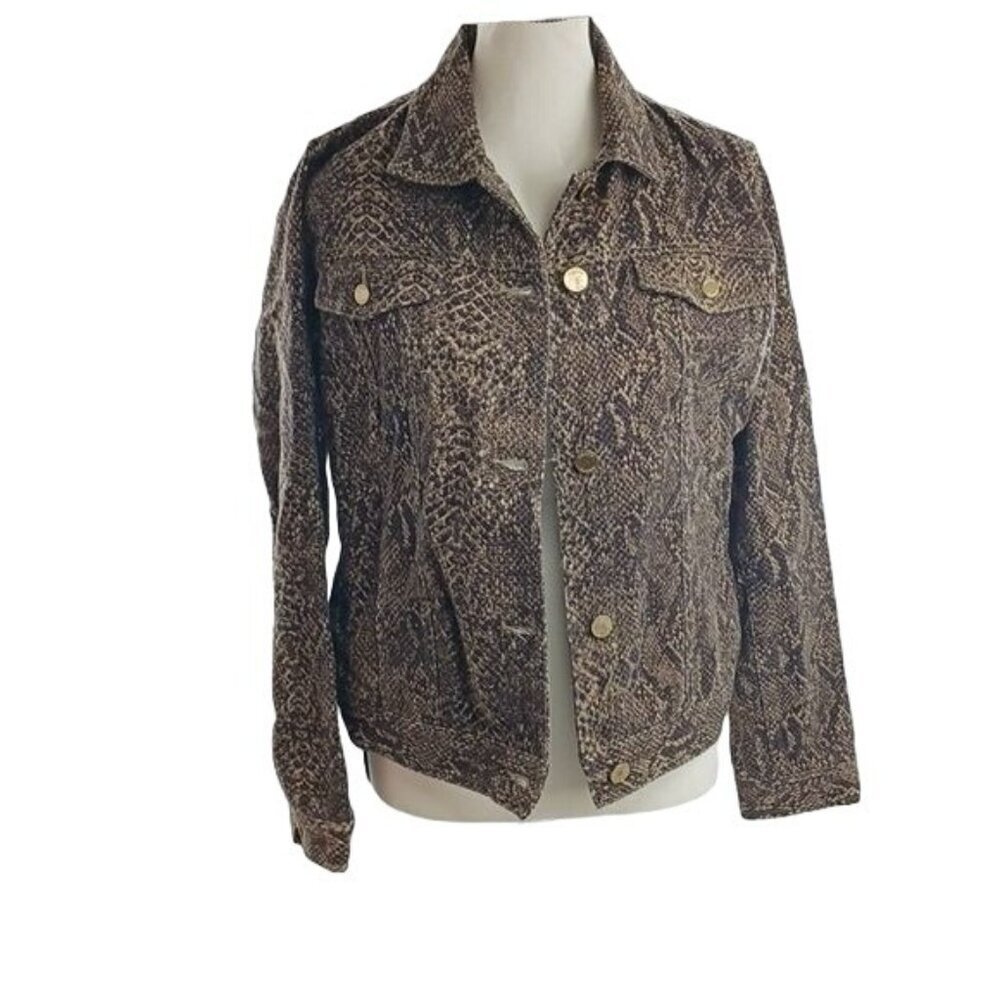 Chaps Womens Denim Jacket Snakeskin Print Stretch Button Front Brown Size M